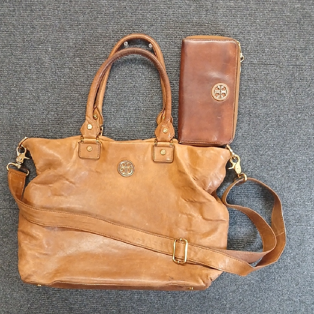 Tory Burch Brown Leather Tote Bag with Removable Strap and Wallet